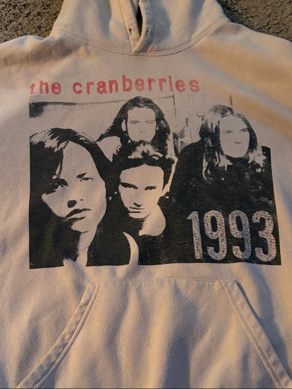 The Cranberries 1993 Band Pullover Hoodie - White with Black & Red Print